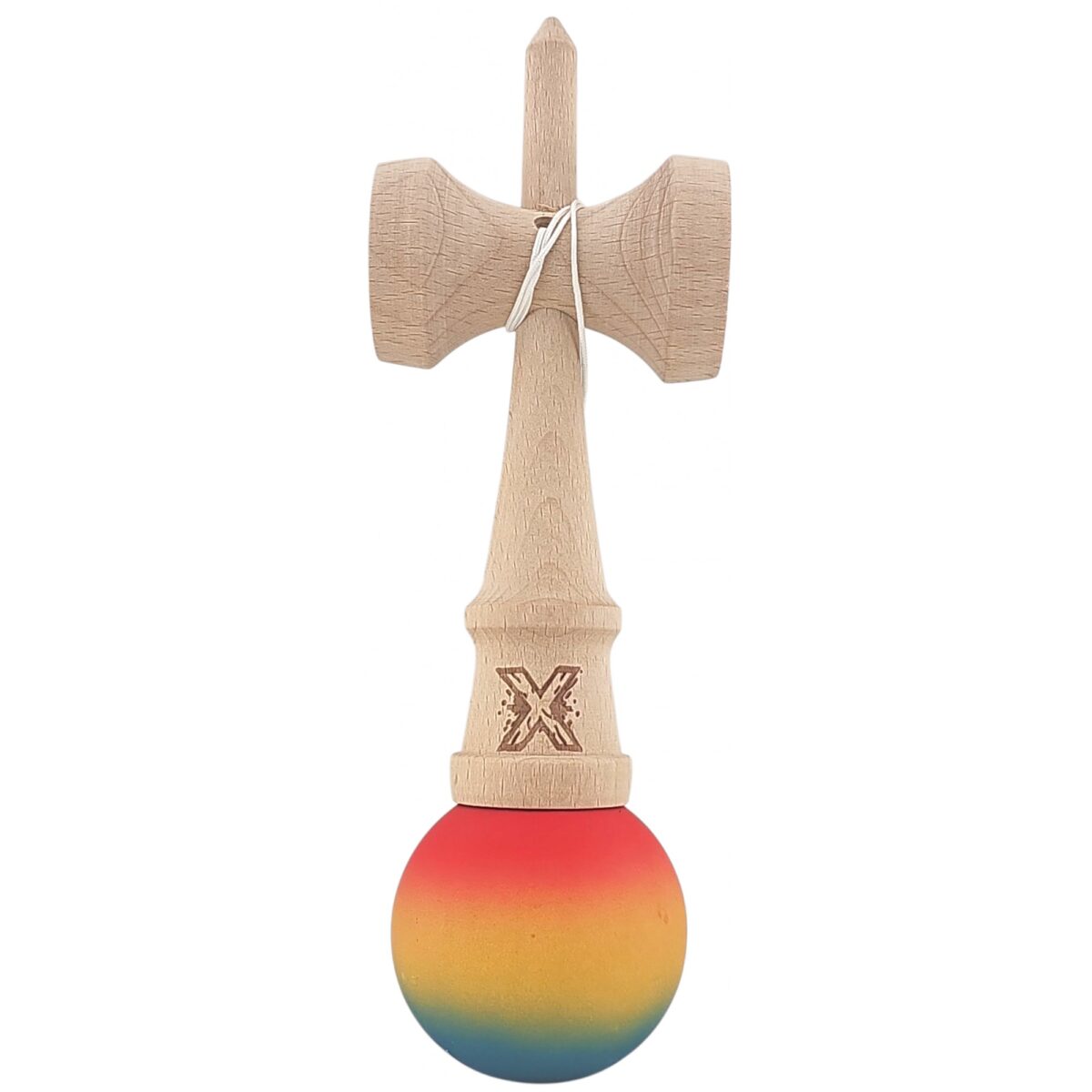 Kendama X Originala, Profesionala, Embo, din Lemn, Rubber Grip, 18 cm,Rosu/Galben/Albastru - imagine 2
