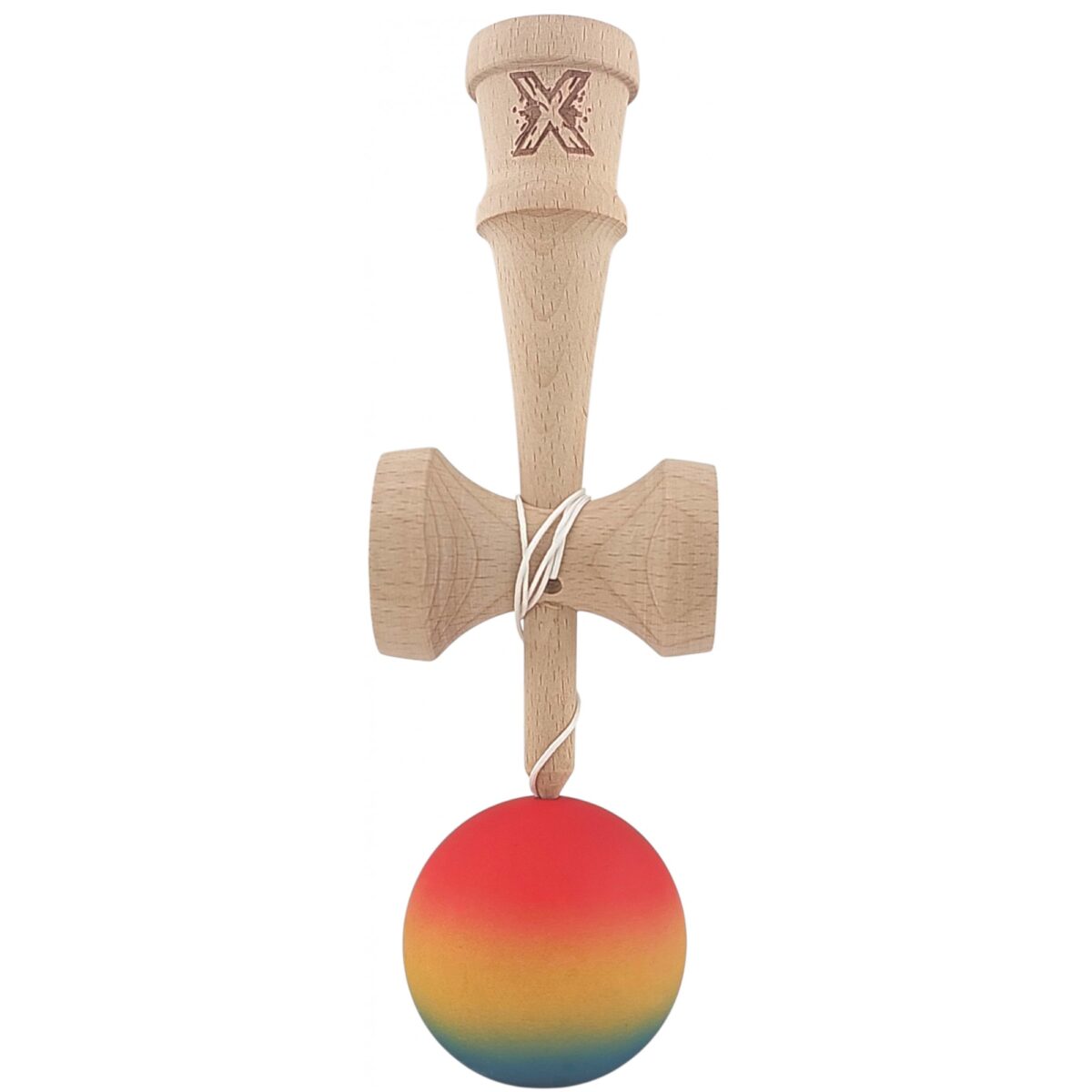 Kendama X Originala, Profesionala, Embo, din Lemn, Rubber Grip, 18 cm,Rosu/Galben/Albastru - imagine 3