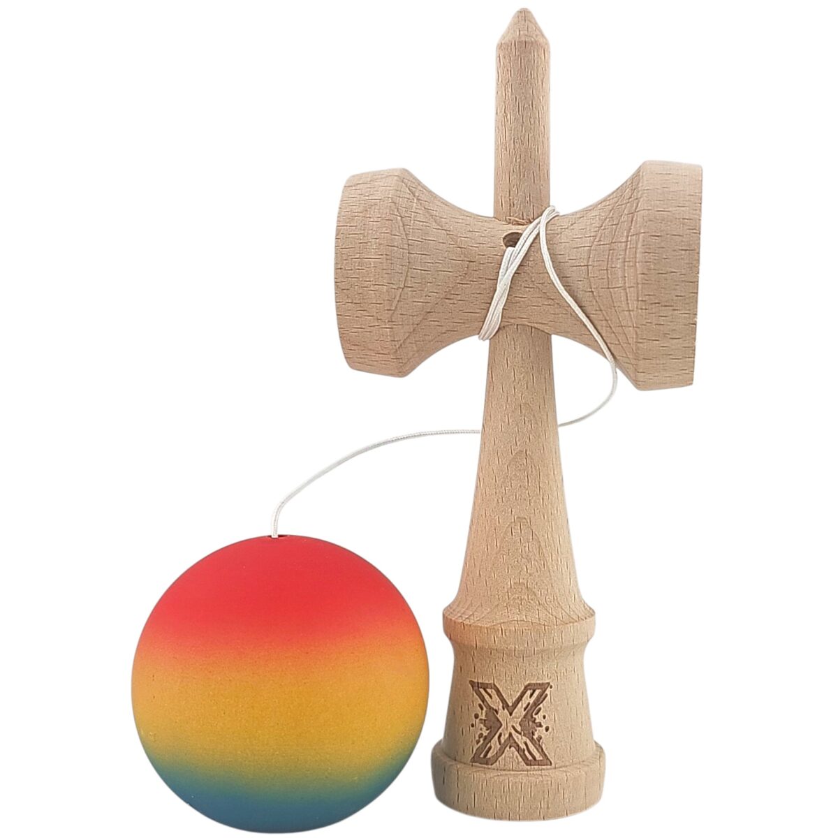 Kendama X Originala, Profesionala, Embo, din Lemn, Rubber Grip, 18 cm,Rosu/Galben/Albastru - imagine 4