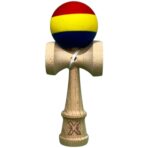 Kendama X Originala, Profesionala, Embo, din Lemn, Rubber Grip, 18 cm, Rosu/Galben/Albastru