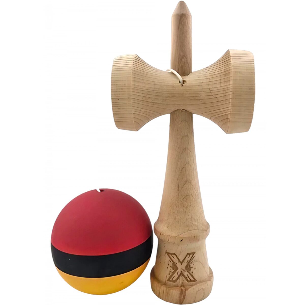 Kendama X Originala, Profesionala, Embo, din Lemn, Rubber Grip, 18 cm, Rosu/Negru/Galben - imagine 4