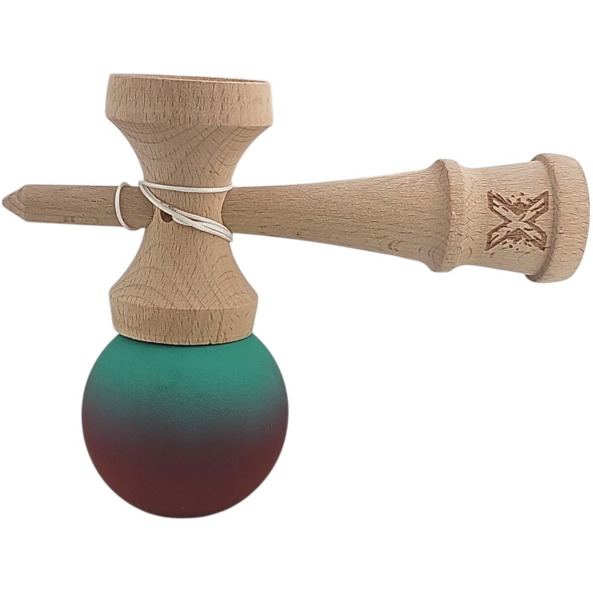 Kendama X Originala, Profesionala, Embo, din Lemn, Rubber Grip, 18 cm, Rosu/Verde - imagine 2