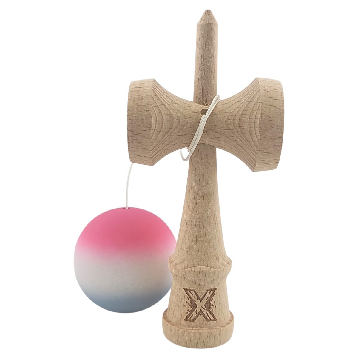 Kendama X Originala, Profesionala, Embo, din Lemn, Rubber Grip, 18 cm, Roz/Alb/Gri - imagine 2