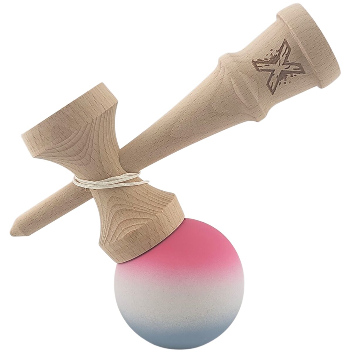 Kendama X Originala, Profesionala, Embo, din Lemn, Rubber Grip, 18 cm, Roz/Alb/Gri - imagine 3