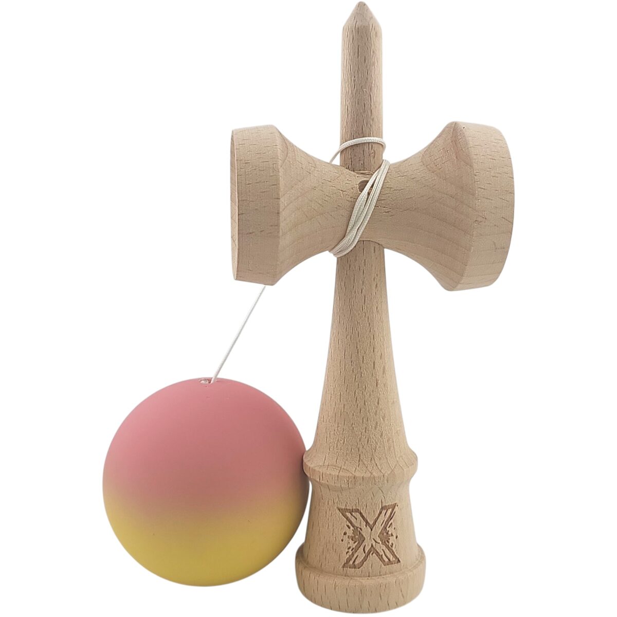 Kendama X Originala, Profesionala, Embo, din Lemn, Rubber Grip, 18 cm, Roz/Galben - imagine 2