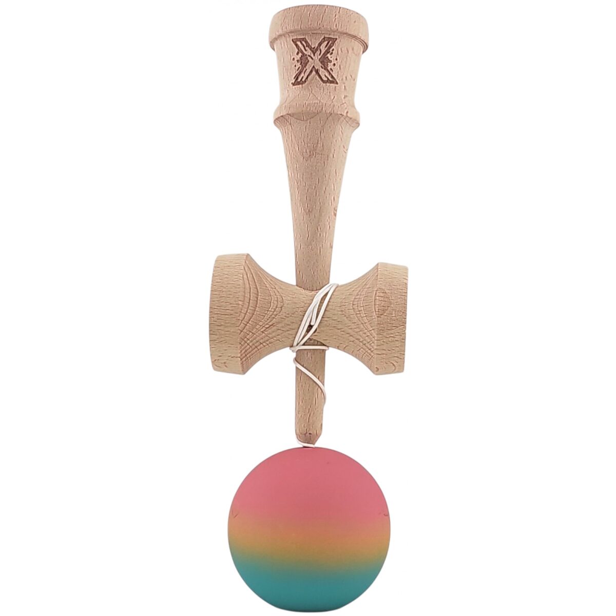Kendama X Originala, Profesionala, Embo, din Lemn, Rubber Grip, 18 cm, Roz/Galben/Albastru - imagine 2