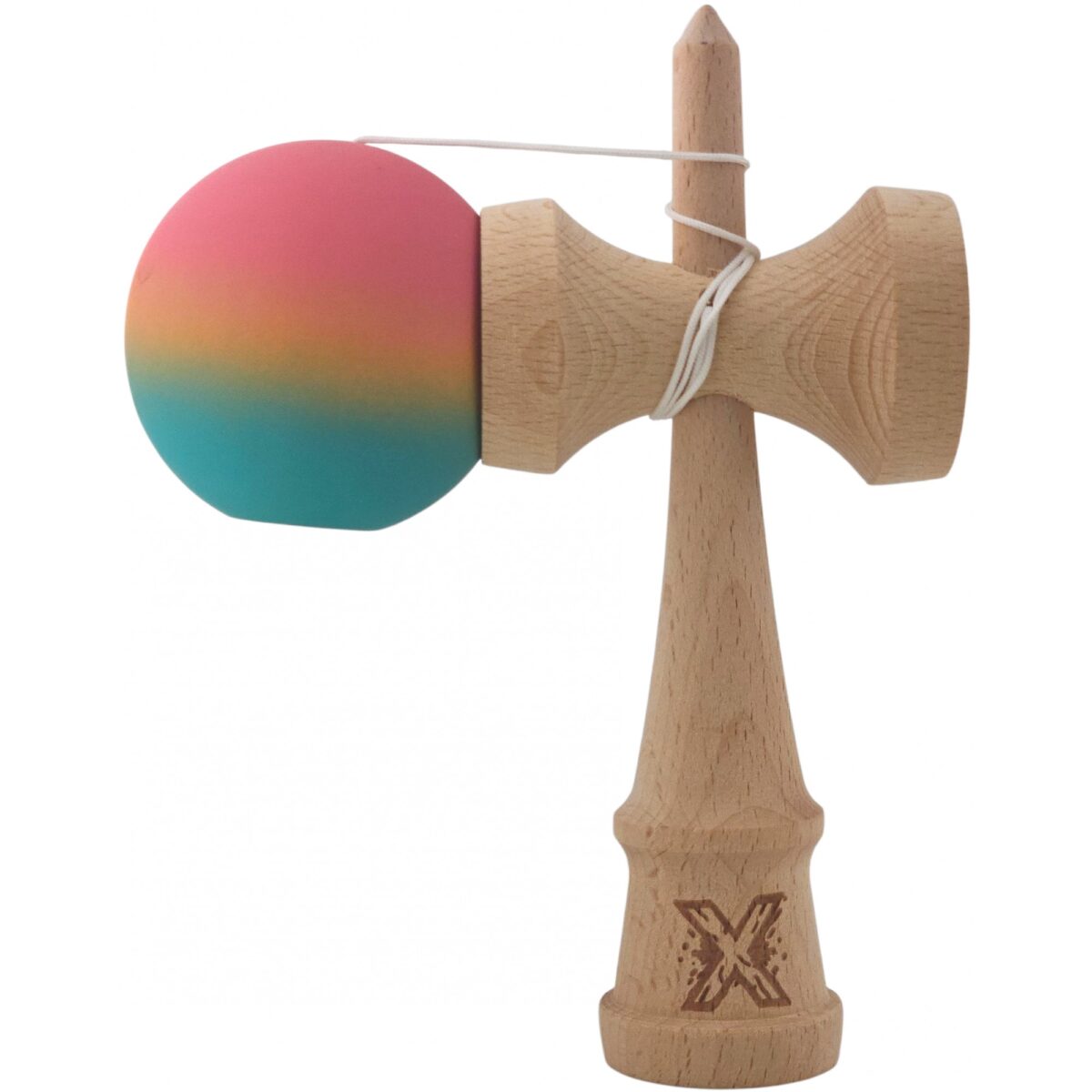 Kendama X Originala, Profesionala, Embo, din Lemn, Rubber Grip, 18 cm, Roz/Galben/Albastru - imagine 3