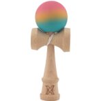 Kendama X Originala, Profesionala, Embo, din Lemn, Rubber Grip, 18 cm, Roz/Galben/Albastru
