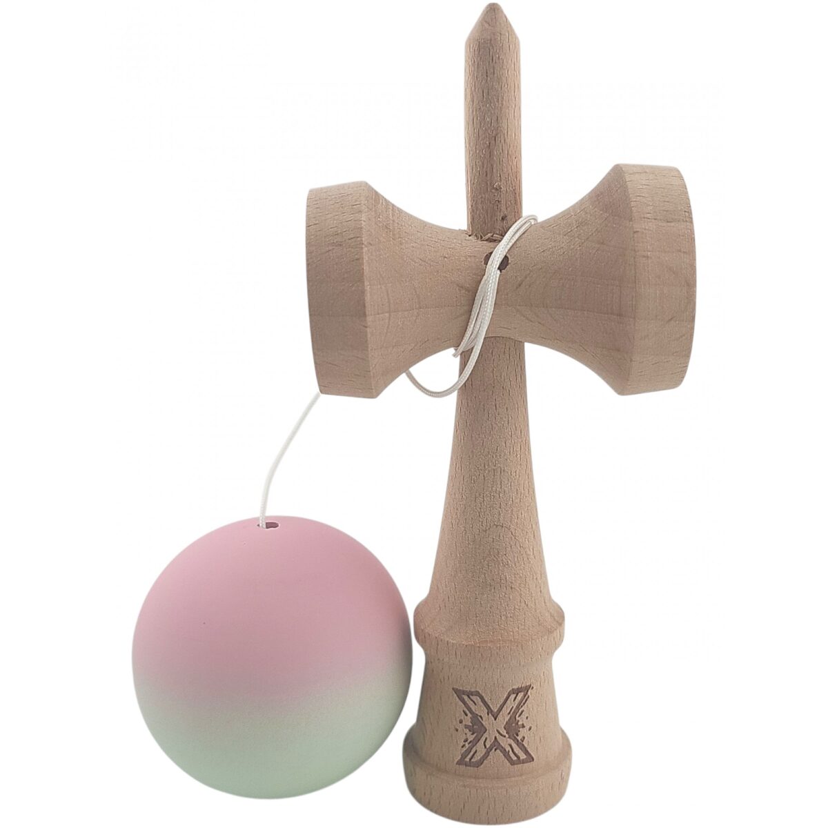 Kendama X Originala, Profesionala, Embo, din Lemn, Rubber Grip, 18 cm, Roz/Verde - imagine 2