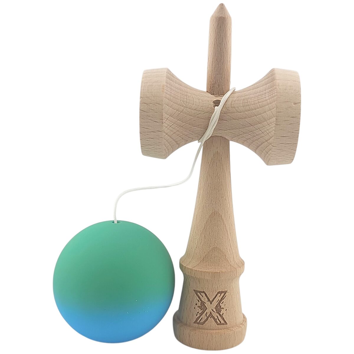 Kendama X Originala, Profesionala, Embo, din Lemn, Rubber Grip, 18 cm, Verde/Albastru - imagine 2
