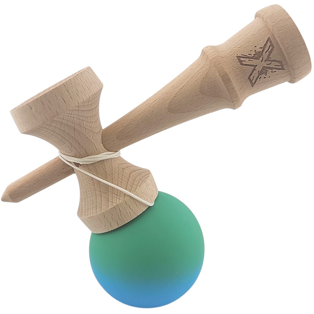 Kendama X Originala, Profesionala, Embo, din Lemn, Rubber Grip, 18 cm, Verde/Albastru - imagine 3