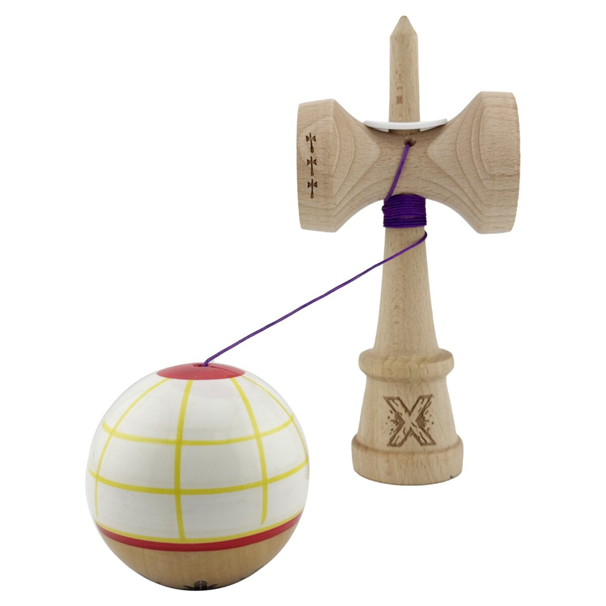 Kendama X Originala, Profesionala, Embo, Legendary Glob, Cupe Mari KING SIZE V3, Super Sticky, Gaura in Baza, Rulment Metalic, din lemn 18 cm, Ata 55 cm, Alb/Galben/Rosu - imagine 4