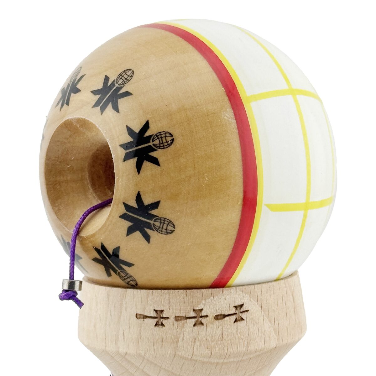 Kendama X Originala, Profesionala, Embo, Legendary Glob, Cupe Mari KING SIZE V3, Super Sticky, Gaura in Baza, Rulment Metalic, din lemn 18 cm, Ata 55 cm, Alb/Galben/Rosu - imagine 6