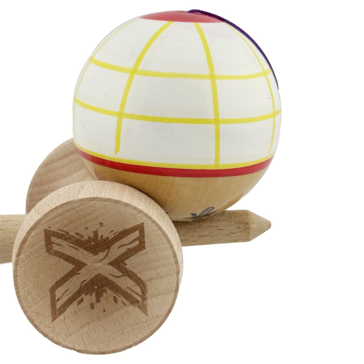 Kendama X Originala, Profesionala, Embo, Legendary Glob, Cupe Mari KING SIZE V3, Super Sticky, Gaura in Baza, Rulment Metalic, din lemn 18 cm, Ata 55 cm, Alb/Galben/Rosu - imagine 8