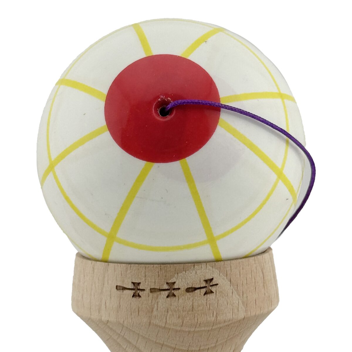 Kendama X Originala, Profesionala, Embo, Legendary Glob, Cupe Mari KING SIZE V3, Super Sticky, Gaura in Baza, Rulment Metalic, din lemn 18 cm, Ata 55 cm, Alb/Galben/Rosu - imagine 9