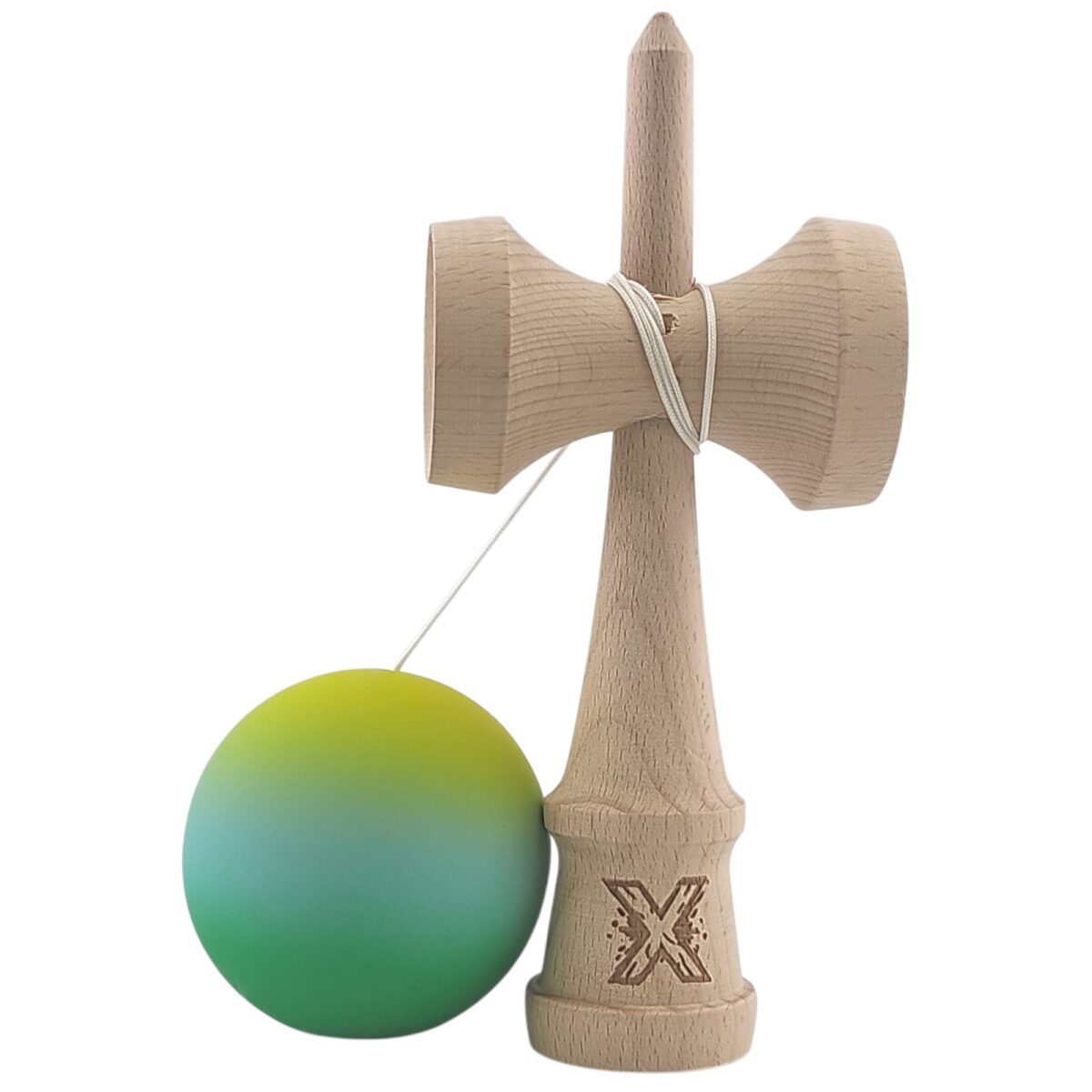 Kendama X Originala, Profesionala, Embo, Rubber Grip, din Lemn, 18 cm, Galben/Albastru/Verde - imagine 2