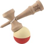 Kendama X Originala, Profesionala, Embo, Rubber Grip, din Lemn, 18 cm, Galben deschis/Rosu - imagine 4