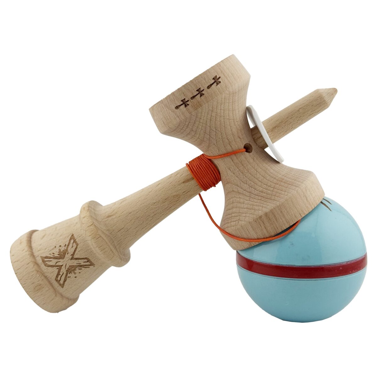 Kendama X Originala Silken, Profesionala, Embo, Cupe Mari KING SIZE V3, Super Sticky, Gaura in Baza, Rulment Metalic, din lemn 18 cm, Ata 55 cm, Albastru deschis - imagine 5