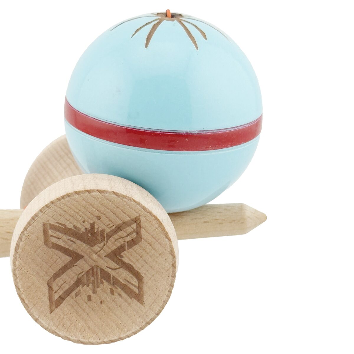 Kendama X Originala Silken, Profesionala, Embo, Cupe Mari KING SIZE V3, Super Sticky, Gaura in Baza, Rulment Metalic, din lemn 18 cm, Ata 55 cm, Albastru deschis - imagine 8