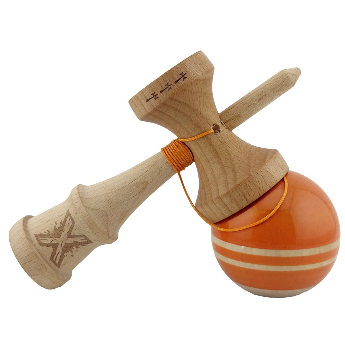 Kendama X Rainbow Originala, Profesionala, Embo, Big Cups V2, Super Sticky cu Cupe Mari, Rulment Metalic, din lemn 18 cm, Ata 55 cm, Portocaliu/Maro - imagine 4