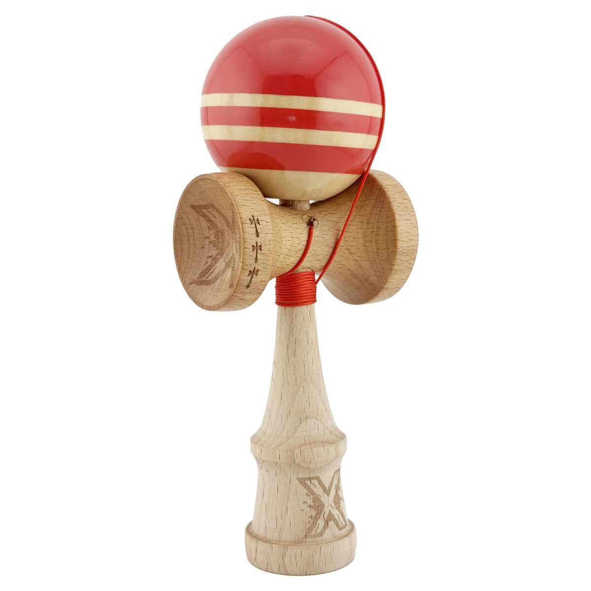Kendama X Rainbow Originala, Profesionala, Embo, Big Cups V2, Super Sticky cu Cupe Mari, Rulment Metalic, din lemn 18 cm, Ata 55 cm, Rosu/Maro - imagine 2