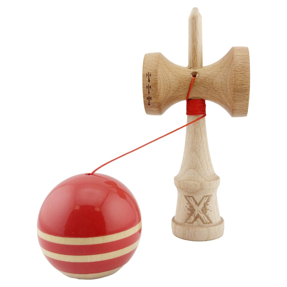 Kendama X Rainbow Originala, Profesionala, Embo, Big Cups V2, Super Sticky cu Cupe Mari, Rulment Metalic, din lemn 18 cm, Ata 55 cm, Rosu/Maro - imagine 3