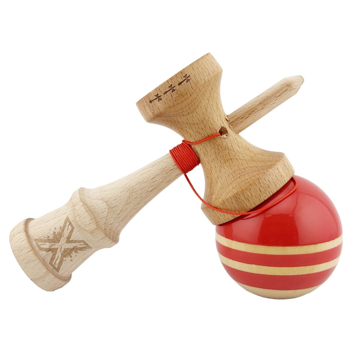 Kendama X Rainbow Originala, Profesionala, Embo, Big Cups V2, Super Sticky cu Cupe Mari, Rulment Metalic, din lemn 18 cm, Ata 55 cm, Rosu/Maro - imagine 4