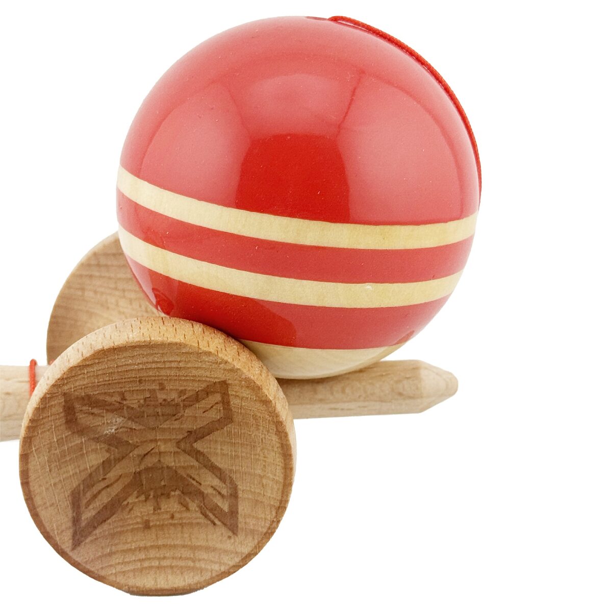 Kendama X Rainbow Originala, Profesionala, Embo, Big Cups V2, Super Sticky cu Cupe Mari, Rulment Metalic, din lemn 18 cm, Ata 55 cm, Rosu/Maro - imagine 7