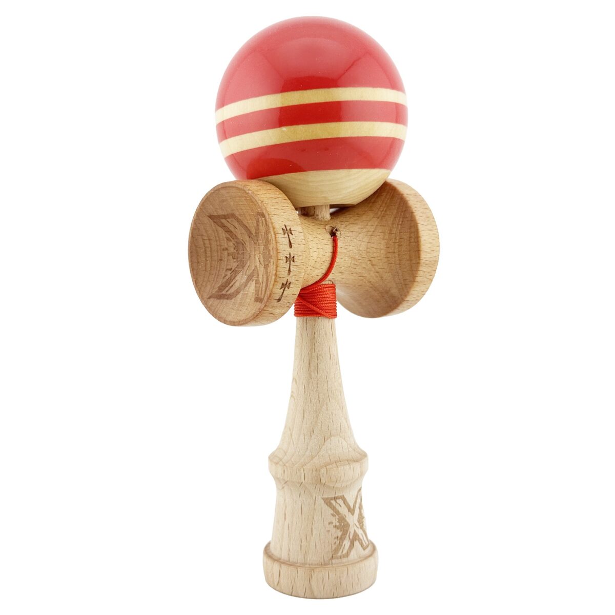 Kendama X Rainbow Originala, Profesionala, Embo, Big Cups V2, Super Sticky cu Cupe Mari, Rulment Metalic, din lemn 18 cm, Ata 55 cm, Rosu/Maro - imagine 9