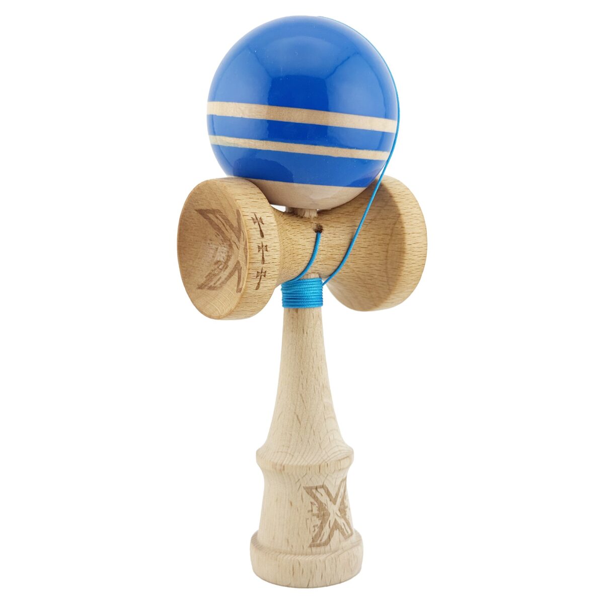 Kendama X Rainbow Originala, Profesionala, Embo, Big Cups V2, Super Sticky cu Cupe Mari, Rulment Metalic, din lemn 18 cm, Ata 55 cm, Albastru/Maro - imagine 2