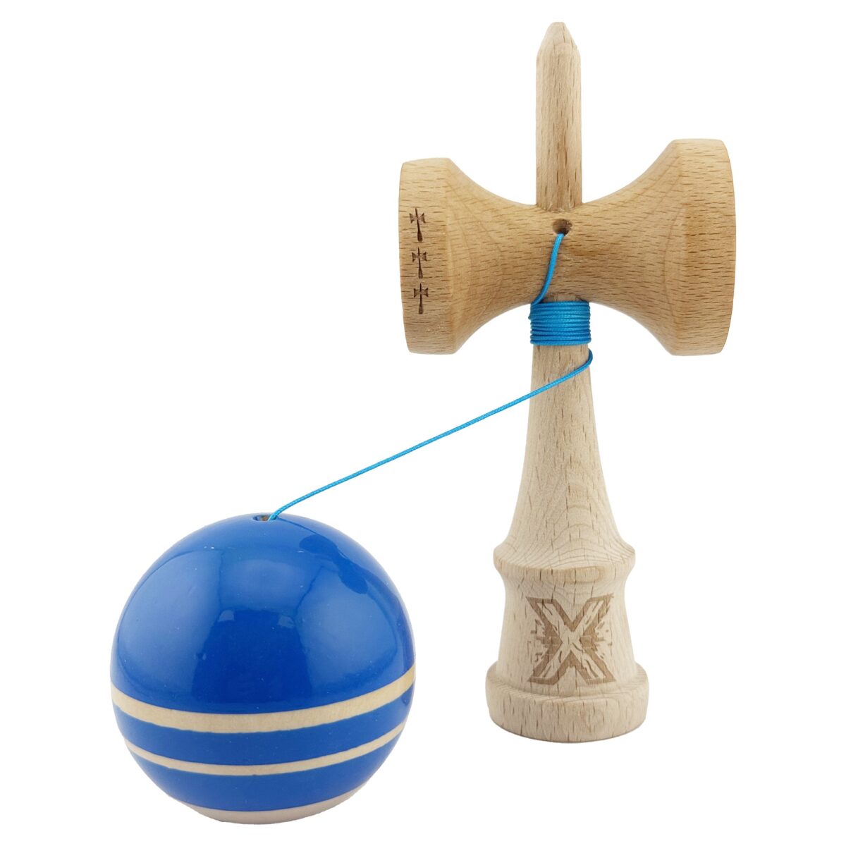 Kendama X Rainbow Originala, Profesionala, Embo, Big Cups V2, Super Sticky cu Cupe Mari, Rulment Metalic, din lemn 18 cm, Ata 55 cm, Albastru/Maro - imagine 3