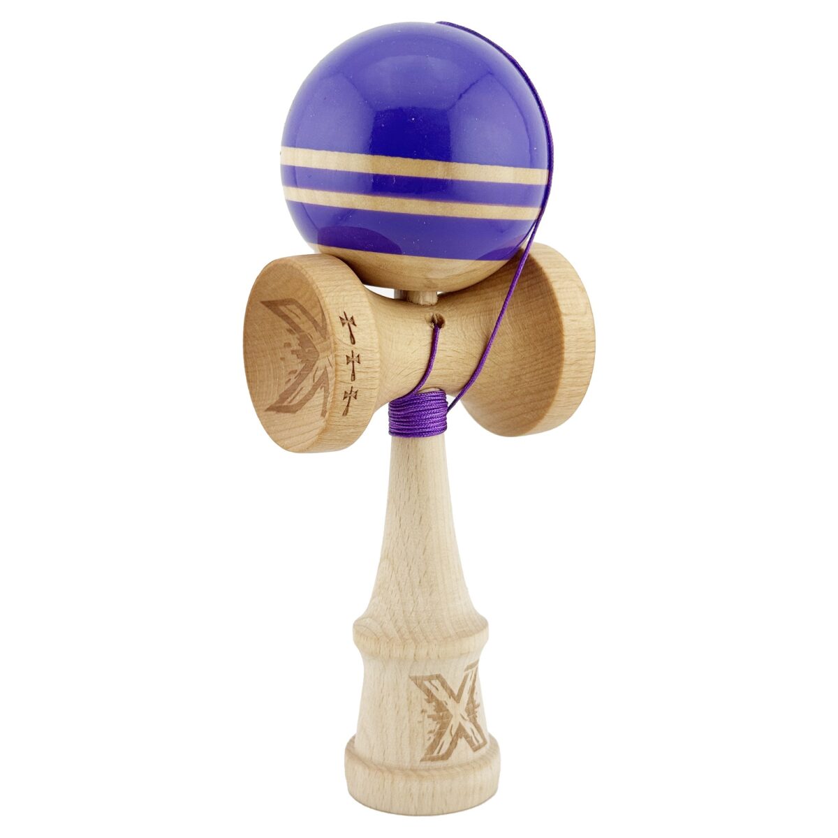 Kendama X Rainbow Originala, Profesionala, Embo, Big Cups V2, Super Sticky cu Cupe Mari, Rulment Metalic, din lemn 18 cm, Ata 55 cm, Indigo/Maro - imagine 2