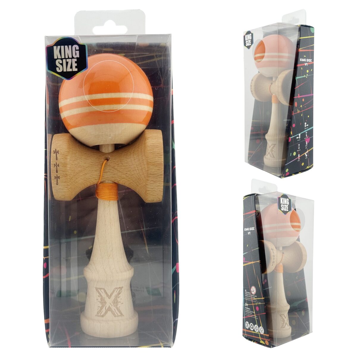 Kendama X Rainbow Originala, Profesionala, Embo, Big Cups V2, Super Sticky cu Cupe Mari, Rulment Metalic, din lemn 18 cm, Ata 55 cm, Portocaliu/Maro - imagine 10