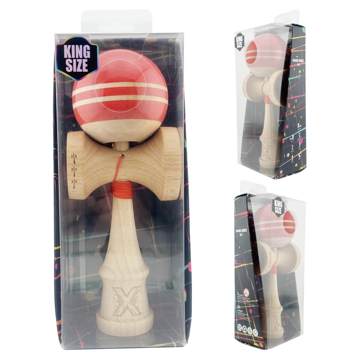 Kendama X Rainbow Originala, Profesionala, Embo, Big Cups V2, Super Sticky cu Cupe Mari, Rulment Metalic, din lemn 18 cm, Ata 55 cm, Rosu/Maro - imagine 10
