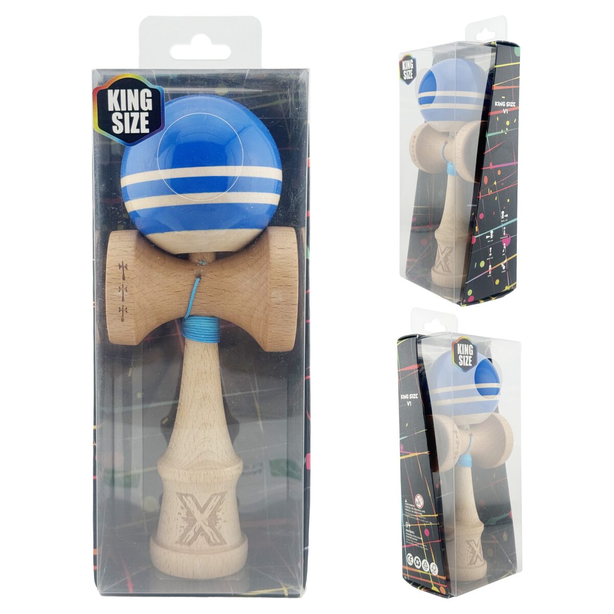 Kendama X Rainbow Originala, Profesionala, Embo, Big Cups V2, Super Sticky cu Cupe Mari, Rulment Metalic, din lemn 18 cm, Ata 55 cm, Albastru/Maro - imagine 9