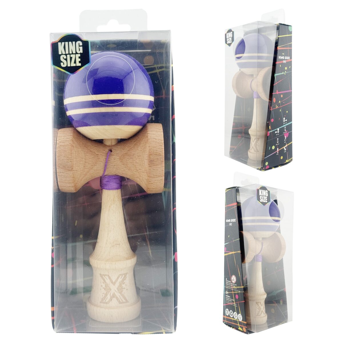 Kendama X Rainbow Originala, Profesionala, Embo, Big Cups V2, Super Sticky cu Cupe Mari, Rulment Metalic, din lemn 18 cm, Ata 55 cm, Violet/Maro - imagine 10