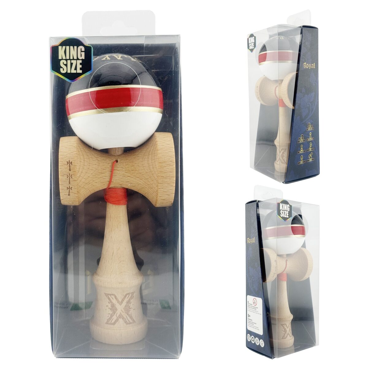 Kendama X ROYAL SPIKE Originala, Profesionala, Embo, Big Cups V2, Super Sticky cu Cupe Mari, Rulment Metalic, din lemn 18 cm, Ata 55 cm, Negru/Rosu Gold/Alb - imagine 9
