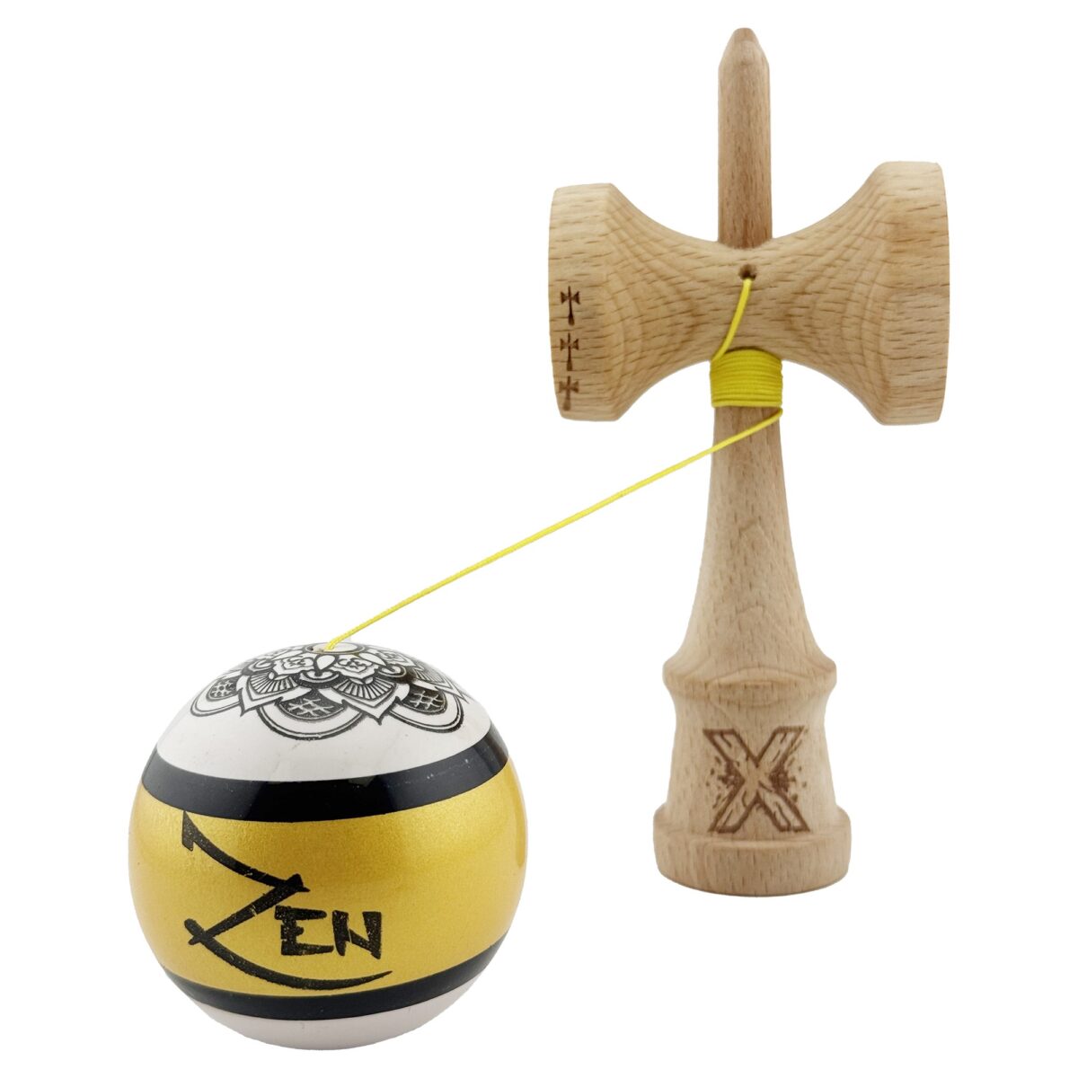 Kendama X ZEN Originala, Profesionala, Embo, Big Cups V2, Super Sticky Legendary Cupe Mari, Rulment Metalic cu Ata 55 cm, Auriu/Alb - imagine 3