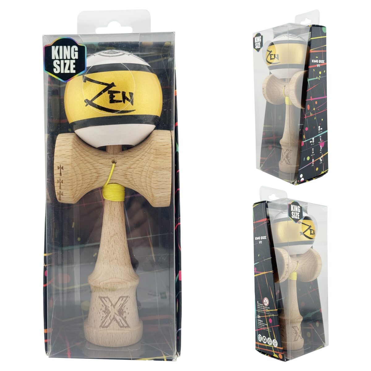 Kendama X ZEN Originala, Profesionala, Embo, Big Cups V2, Super Sticky Legendary Cupe Mari, Rulment Metalic cu Ata 55 cm, Auriu/Alb - imagine 5