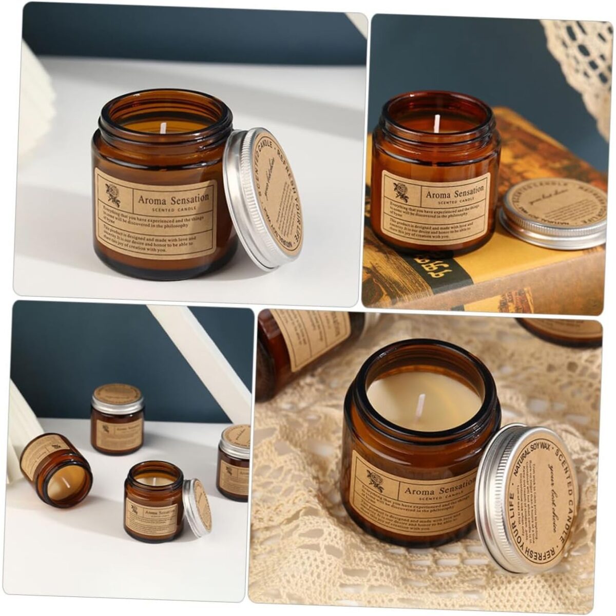 Lumanare Parfumata, Embo, Model Borcan Maro, Aroma de Lavanda, din Ceara Vegetala, 6 x 6.5 x 6.5 cm, Maro - imagine 4