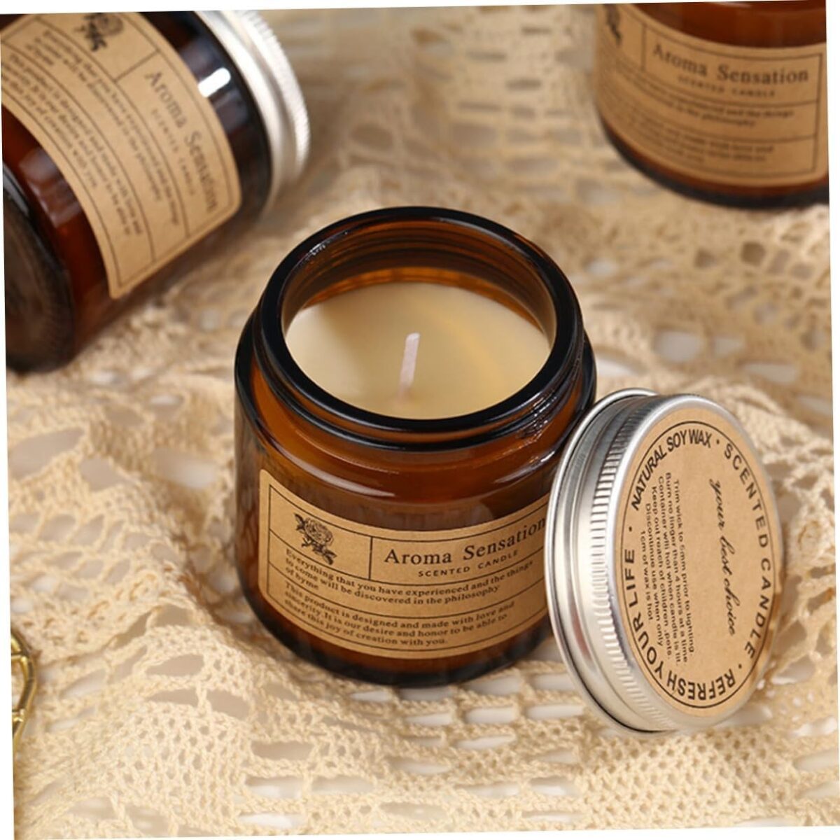 Lumanare Parfumata, Embo, Model Borcan Maro, Aroma de Lavanda, din Ceara Vegetala, 6 x 6.5 x 6.5 cm, Maro - imagine 5