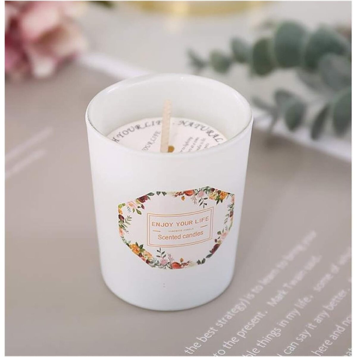 Lumanare Parfumata, Embo, Model Pahar Alb Mat, Aroma de Ceai Verde si Floare de Portocal, din Ceara de Soia, 6.2 x 5.2 cm, Alb - imagine 3