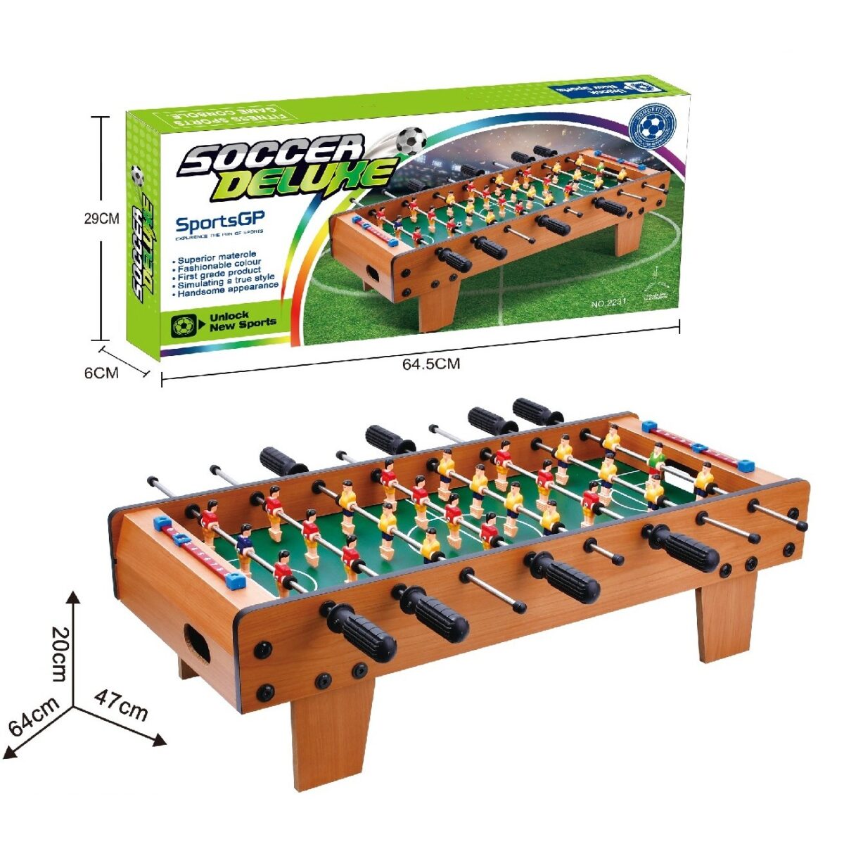 Masa de Fotbal cu Teren, Embo, cu Picioare Scurte, 8 Manere, Tablou de Scor, 64 x 20 x 47 cm, din Lemn/Otel/ABS, Maro - imagine 3