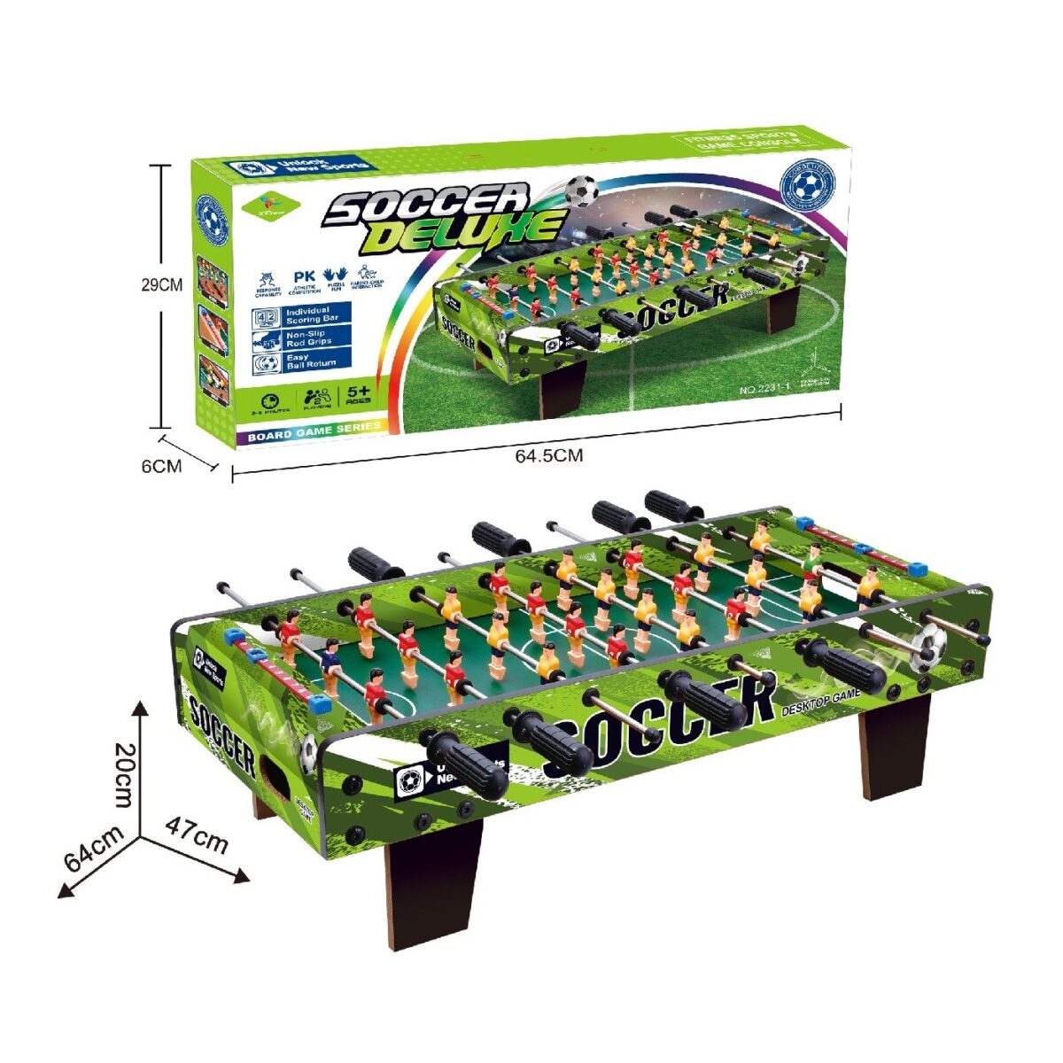 Masa de Fotbal cu Teren, Embo, cu Picioare Scurte, 8 Manere, Tablou de Scor, 64 x 20 x 47 cm, din Lemn/Otel/ABS, Verde - imagine 3