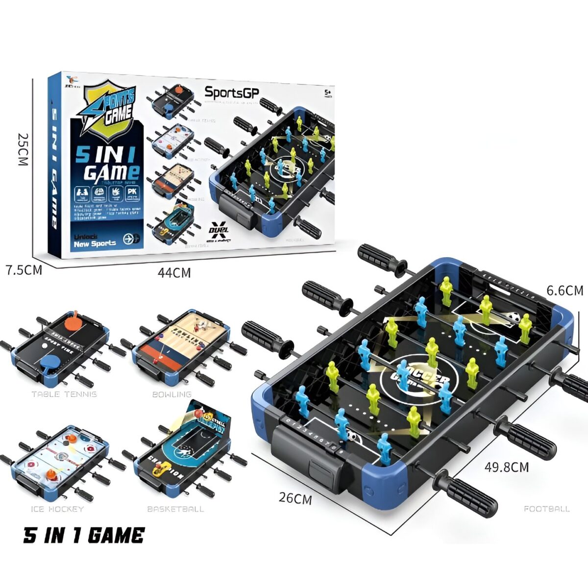 Masa de Joc 5in1  Embo, cu Teren Schimbabil de Fotbal, Basket, Bowling, Curling si Hockey, cu Tablou Scor, din ABS, 49.8x26x6.6 cm, Design Multicolor, pentru Copii/ Adulti - imagine 2