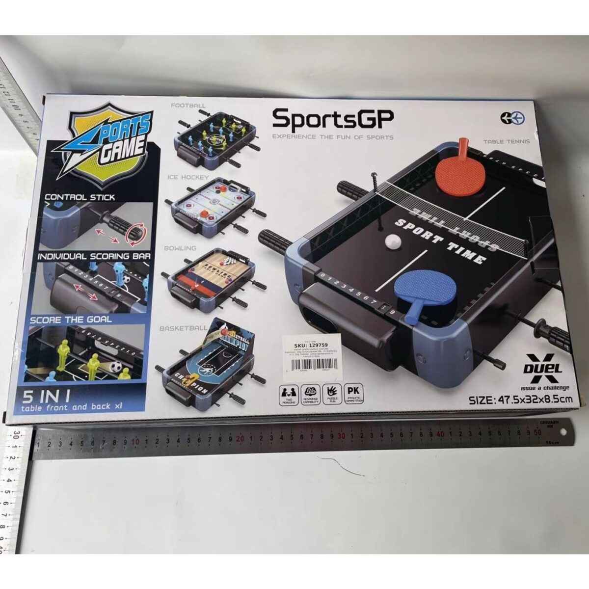 Masa de Joc 5in1  Embo, cu Teren Schimbabil de Fotbal, Basket, Bowling, Curling si Hockey, cu Tablou Scor, din ABS, 47.5x32x8.5 cm, Design Multicolor, pentru Copii/ Adulti - imagine 3