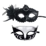 Set 2 Masti de Cuplu, Embo, pentru Carnaval, Bal Mascat, Marime Universala, Model Floare Laterala si Margele, Model Clasic Fluture, Negru Argintiu