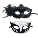 Set 2 Masti de Cuplu, Embo, pentru Carnaval, Bal Mascat, Marime Universala, Model Floare Laterala si Margele, Model Clasic Fluture, Negru Argintiu