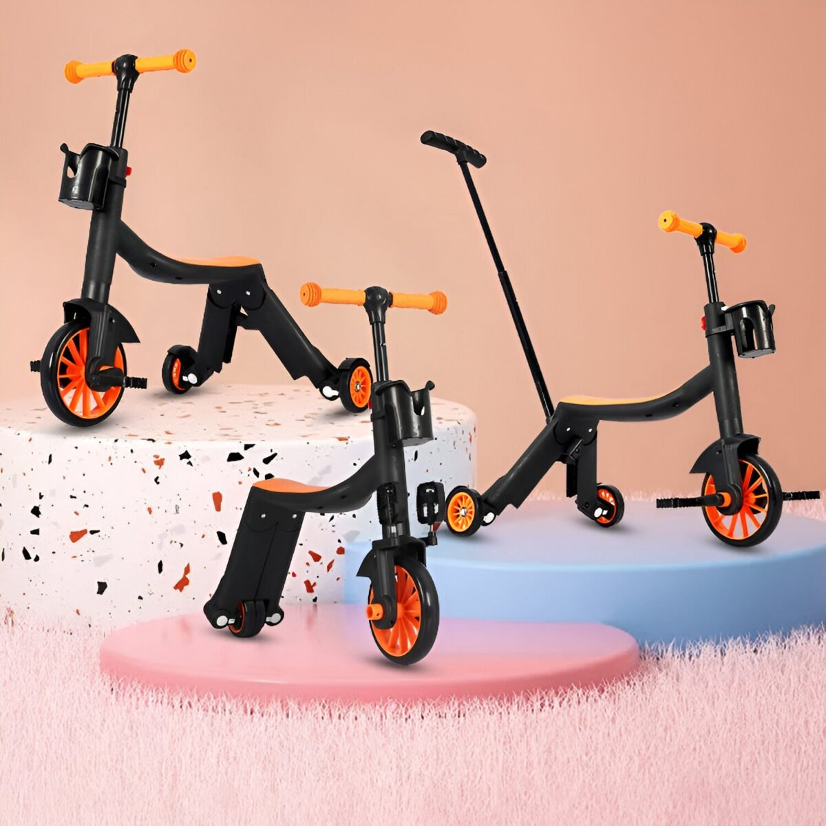 Bicicleta 8 in 1, Embo, Transformabila, Multifunctionala, Reglare Inaltime, cu Maner de Impingere Detasabil, Tricicleta, Trotineta, 3 Roti, Pedale, Cosulet, 3-6 Ani, Portocaliu - imagine 3