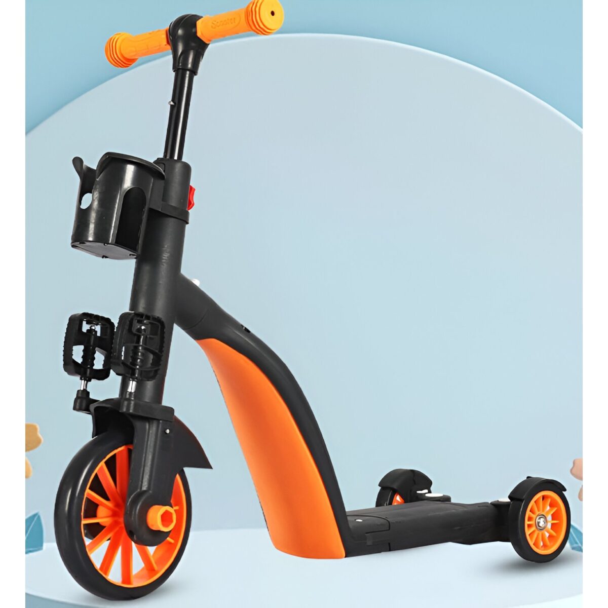 Bicicleta 8 in 1, Embo, Transformabila, Multifunctionala, Reglare Inaltime, cu Maner de Impingere Detasabil, Tricicleta, Trotineta, 3 Roti, Pedale, Cosulet, 3-6 Ani, Portocaliu - imagine 4